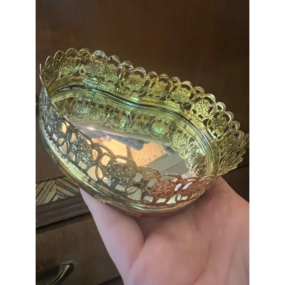 Vintage Gold Tone Mirrored Trinket Tray Hollywood Regency Cottage Chic Decor